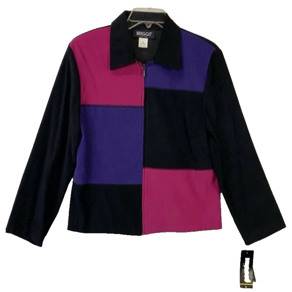 Briggs Petite Zip Up Jacket Size Medium Faux‎ Suede Collared Black Color Block